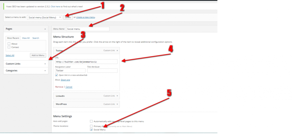 Setting up a Social Media Menu in WP dashboard/admin 